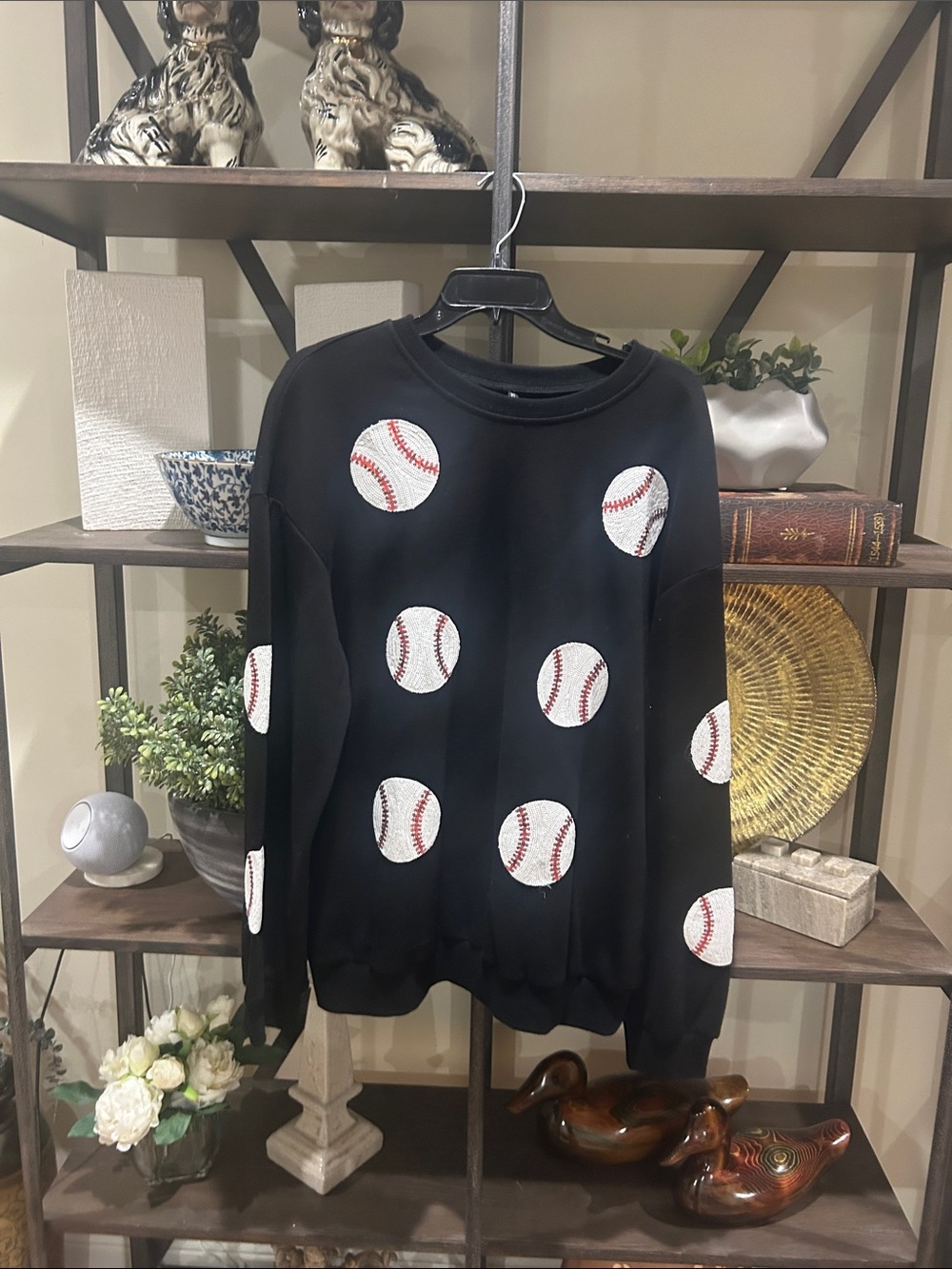 Women’s XL Baseball-Print Crewneck Sweater